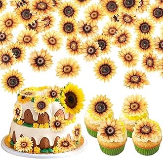 60 PCS Edible Sunflower Cupcake Toppers Wafer Paper Flowers Cake Decorations Edible Sunflower Party Decorations for Baby Shower Sunflowers Birthday Party Cake Toppers Food Decorations Supplies