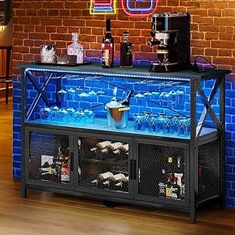 YITAHOME 55" Bar Cabinet with LED Lights, Wine Cabinet with Power Outlet, Bar Table Stand with Wine Rack, Storage Cabinets, Adjustable Shelf, Black Oak