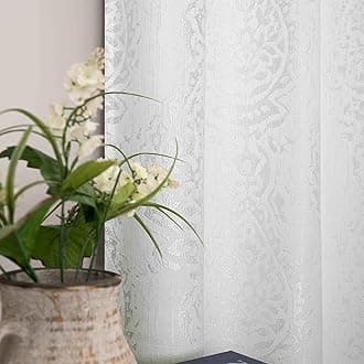 Off White Curtains 84 Inches Long for Bedroom,Jacquard Embossed Damask Moroccan Semi Room Darkening Boho Pattern Design Curtains 84 Inch Length 2 Panels Set,Cream Ivory