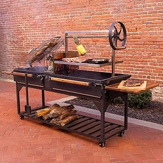 Backyard Discovery Argentine Santa Maria XL Wood Fire & Charcoal Steel BBQ Grill with Asado Clamp, Adjustable Grill Grates, Brasero, Fire Bricks, S-Hooks, Acacia Wood Table for Outdoor Gaucho Grilling