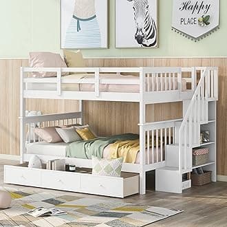 Modern Bunk Bed Full-Over-Full Size with Storage Staircase and Drawer, Solid Wood Full Bunk Bed Frame with Safety Guardrail for Kids Teens Adults, Can be Split into 2 Separate Beds (White-5)