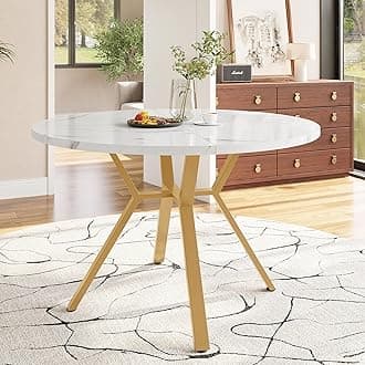 Merax Round Marble Dining Table 100x100x75 cm – Modern White Marble Effect Kitchen Table with Gold X-Frame Metal Legs, Small Space Dining Table - White