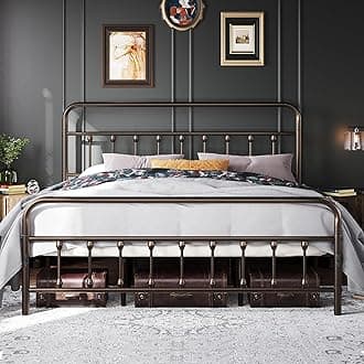 Topeakmart King Size Victorian Style Metal Bed Frame with Headboard/Mattress Foundation/No Box Spring Needed/Under Bed Storage/Strong Slat Support Bronze
