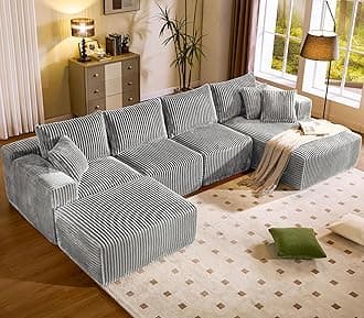 WorthFurni Cloud Modular Sofa Couch with U-Shape Chaise and Big Ottoman Modern Sectional with Deep Seat, Upholstered Couches for Living Room,No Assembly Required, Plush Corduroy Fabric 139.37"(Grey)