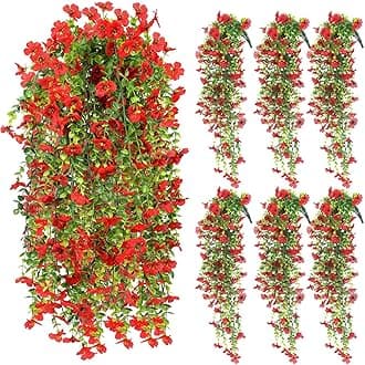 FineCheer6 Pcs Artificial Faux Hanging Flowers Plants Outside Fake Silk Mums Violets with Eucalyptus Realistic UV Resistant Trailing Vines Porch Patio Yard Indoor Wedding Party Favors (Red)