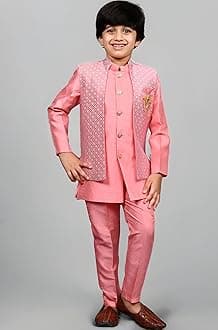 AHHAAAA Kids Indian Ethnic Silk Blend Waistcoat Kurta Pyjama Set Traditional Bollywood Style Wedding Sherwani for Boys