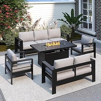 Solaste Aluminum Patio Furniture Set with 55 inch Fire Pit Table, 5 Piece Metal Outdoor Furniture with Water-Resistant Cushion, Modern Patio Conversation Set for Balcony, Front Porch, Backyard, Black