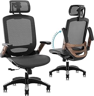 Ergonomic Office Chair, High Back Home Desk Chair with Headrest, Flip-Up Arms, 90-120° Tilt Lock and Wide Cushion, Big and Tall Mesh Chairs for Man Woman, Black Task Chair(Dark Woodgrain)