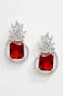 Zeneme Oxidised Silver-Plated American Diamond studded Paisley Shaped Studs Earrings for Girls and Women