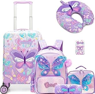 Kid’s Luggage Set 5 Piece Suitcase Set 16’’ Hardside Luggage with Spinner Wheels Girls Carry on Toddler Travel Rolling Suitcase Carry on Luggage Airline Approved