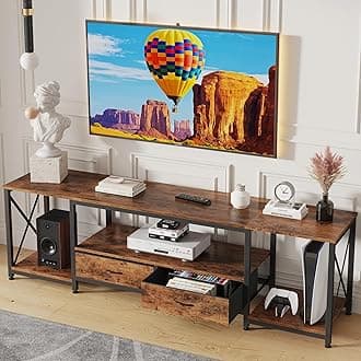 GYIIYUO TV Stand with Fabric Drawers for 80 85 Inches TV - Entertainment Center and Industrial TV Console Table with Open Storage Shelves for Living Room, Bedroom- 79.1" Rustic Brown