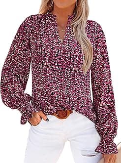 MASCOMODA Womens V Neck Floral Long Sleeve Tops 2025 Summer Casual Loose Puff Sleeve Chiffon Boho Work Blouse Dressy T Shirts