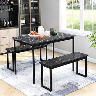 Dining Table Set, Dining Table and 2 Benches Set, Compact Kitchen Dinette Table and Chairs Set For 4 People, 3-Piece Space Saving Dining Room (Black Marble Effect), 114 x 70 cm(DESK-212761)