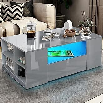 High Gloss Coffee Table, Coffee Table with Storage, Coffee Tables for Living Room with Led RGB Lights 2 Drawer Storage and Open Shelf Rectangle Centre Tea Table for Home Office Furniture, Grey