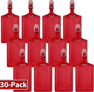 Travelambo 30 Pack Luggage Tags for Suitcases Privacy Protection Bag Tags Faux Leather Travel Accessories Essential, Deep Red