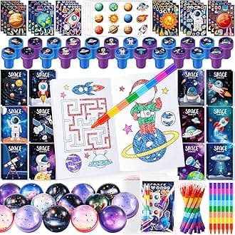 Ben Louis 84Pcs Outer Space Themed Party Favors Space Alien Coloring Books Crayons Sticker Stampers Set Bulk Classroom Prizes for Kids Astronaut Planet Birthday Party Goodie Bags Fillers