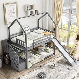 Twin Over Twin House Bunk Bed Frames with Slide and Storage Staircase, No Box Spring Needed, Black