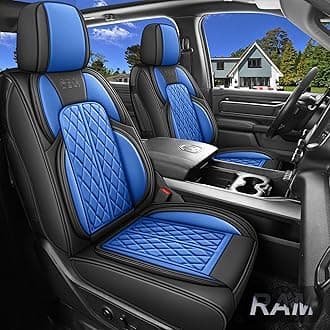 Car Seat Cover Custom Fit for Dodge Ram 1500 2500 3500 2002-2026 Faux Leather Seat Cover Set Compatible with Crew Quad Regular Cab Pickup Truck Cushions (Black & Blue, Full Set, Curved Rear)