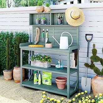 Potting Bench Table with 4 Storage Shelves and Side Hook, Polibi 65" Large Wooden Farmhouse Rustic Outdoor Patio Workstation, Garden Potting Bench with Splash Plate