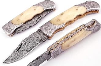 Handmade Damascus Steel Pocket Knife - Damascus Folding Knife - Pocket Knife for Men, Damascus Blade Hunting Skinning Knife with Back Lock & Bone Handle with Leather Sheath
