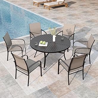 7 Pieces Outdoor Table and Chairs, Patio Dining Set for 6 Includes 54" Round Outdoor Table and 6 Patio Chair Set, Outdoor Dining Furniture Set for Lawn Backyard Deck, Brown