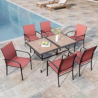 7 Pieces Patio Table and Chairs Set, Outdoor Dining Furniture Set for 6, 6 Red Textilene Chairs and 61" Wood-Like Table Top with Umbrella Hole, for Deck Backyard Lawn