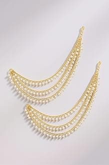 Brass copper Gold kanchain 3 layer long bridal wedding ear kan chain Champaswaralu earchains Ear Chains for Hair Jhumka Jhumki kanoti moti pearl Traditional Earrings for women girls Golden-M020