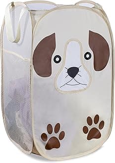 Collapsible Mesh Pop-Up Hamper with Wide Opening and Side Pocket - Breathable, Sturdy, Foldable, Space-Saving Design (Puppy)