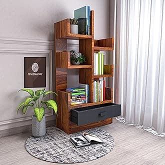 Wooden Free Standing Book Shelf | Display Rack Bookshelf for Home and Office | Decorative Corner Shelf Bookcase | Storage Type: 6 Shelves & 1 Drawer | Sheesham Solid Wood | Honey Finish