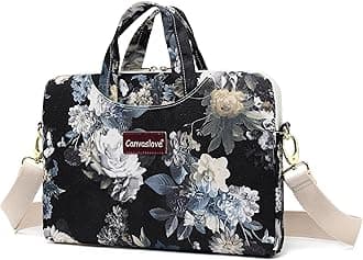 Canvaslove Floral Laptop Messenger Bag, Water Resistant Canvas, 15-16 inch Compatible, Black with Blue and White Flowers (White Flower)