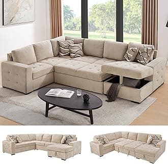 THSUPER 123'' Sectional Sleeper Sofa Couch with Pull Out Bed, 6-Seater U Shaped Oversized Sleeper Sectional Sofas Couches with Storage Chaise for Living Room. Beige