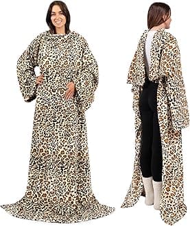 PAVILIA Premium Fleece Blanket with Sleeves for Women Men Adult, Wearable Blanket Warm Cozy, Super Soft Sleeved Throw with Arm, Gift for Women Mom Wife (Cheetah, Regular Pocket)