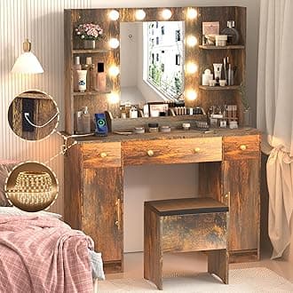 Vanity Desk with Mirror and Lights, 43'' Makeup Dressing Table Set with 5 Drawers & Chair, Power Outlet, 3 Lighting Modes Adjustable Brightness & RGB LED for Women Girls Bedroom Bathroom, Rustic Brown