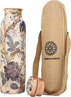 Copper Water Bottle 34 Ounce Ayurvedic Pure Coppers Vessel with Jute Carry Bags Printed Bottles 1000 ml - 1 Liter (Pack of 1, White Copper Bottle)