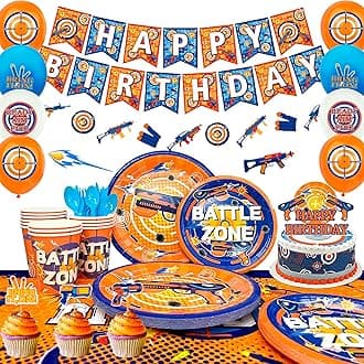 Dart War Birthday Decorations Tableware for 16 Guests, Dart War Party Supplies Plates Cups Napkins Tablecloth Dart War Balloons Banner Cake Topper etc