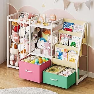 Twinkoo Kids Bookshelf and Toy Storage, Large 3 Tier Book Shelf for Kids Rooms, Sling Baby Bookcase with Stuffed Animal Storage, Toddler Montessori Bookshelf for Nursery, Playroom (Pink+Green)