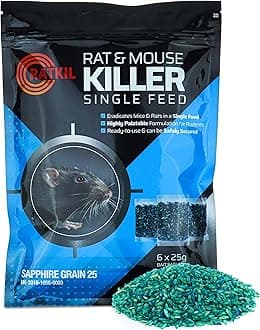 RatKil Rat Poison (6 x25g) Rat Bait & Mouse Poison Grain - Strongest Maximum Strength Rodent Killer - Fast Acting, All Weather, Single Feed Bait Sachets