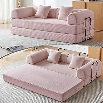 Compression Sofa, Cloud Sectional Sofa,Sofa Bed, Boneless Modular Sectional Sofa with 2 Pillow, Comfy Fluffy Couch with Futon Bed, Perfect for Living Room, Small Space (Pink)