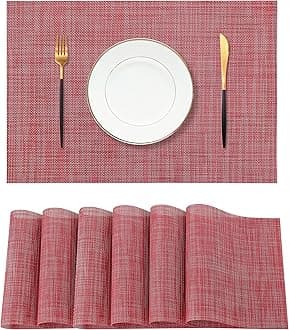 Leetaltree Red Placemats Set of 6 - Heat Resistant Non-Slip Place mats for Dining Table, Washable Durable PVC Vinyl Woven Table Mats（Red, 6）