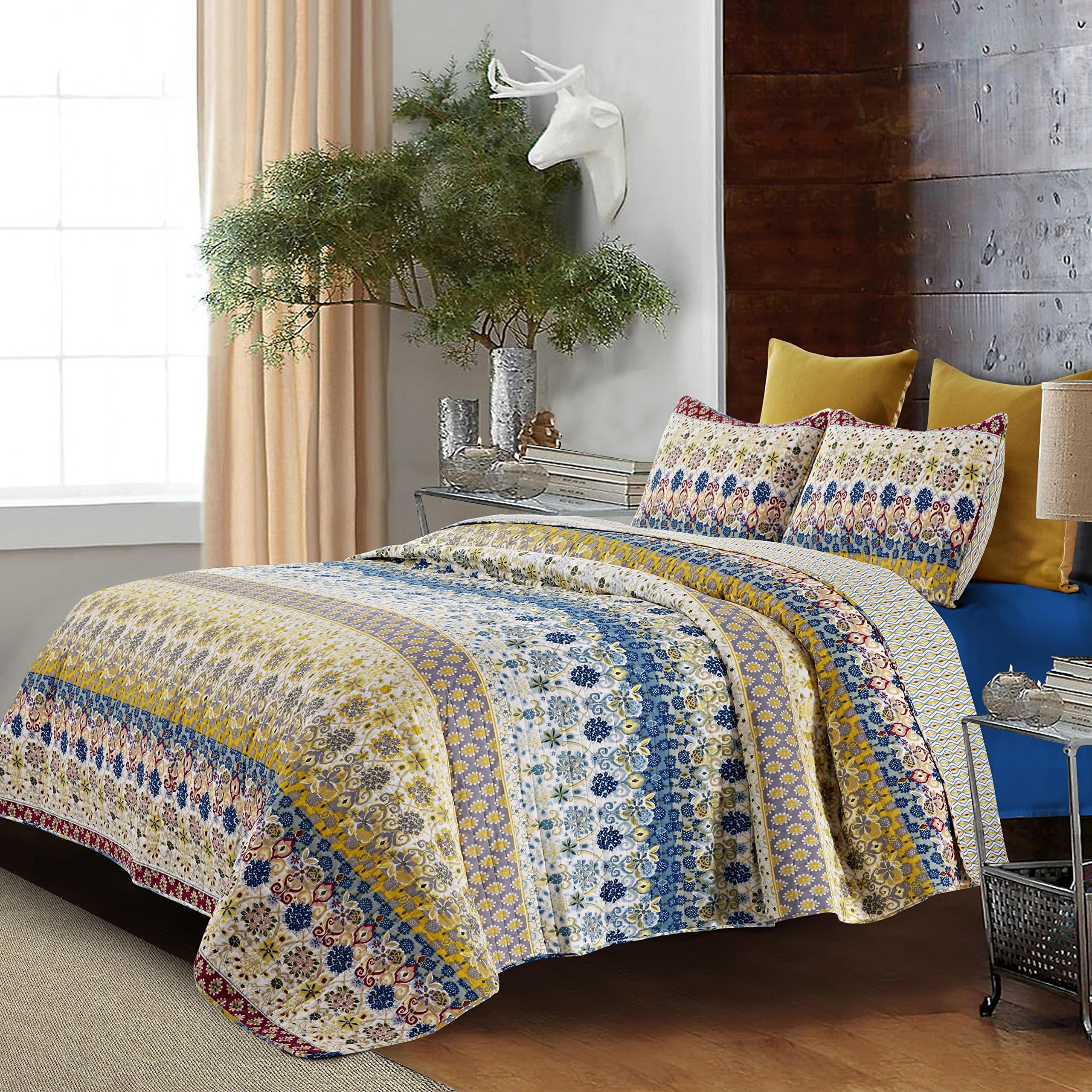 Fashions 372 3ST Jazmin Reversible Quilt Set, Boho Patchwork Stripe Design, 3-Piece Set with Quilt and Pillow Shams - King