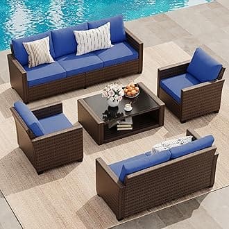 Garvee Outdoor Patio Furniture Set 5 Pieces, PE Rattan Wicker sectional Patio Conversation Set with Waterproof Cusions and Coffee Table, Brown and Blue