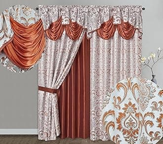 GOHD Samba Star. Jacquard Window Curtain Panel Drape with Attached Fancy Valance and Taffeta Backing. 2pcs Set. Each pc 54" Wide x 90" Drop with 18" Valance. (Rust)
