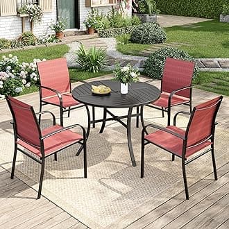 Patio Table and Chairs Set for 4, 5 Pieces Outdoor Dining Set, 4 Red Textilene Chairs and 42" Metal Round Table with Umbrella Hole, for Deck Garden Backyard Lawn Poolside