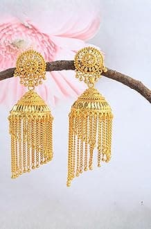 Brass Micron 1 Gram Gold Jhalar tassled Women Jhumka earrings Traditional (SST2644JHAT)