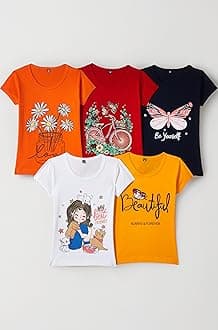 Girls Cotton Printed Regular Fit T-Shirt (Pack of 5)