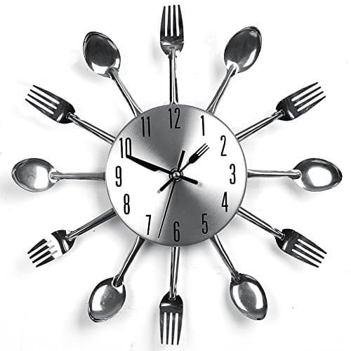 kitchen Cutlery Silver Wall Clock with Toned Forks, Spoons, Spatulas, Stainless Steel Kitchen Utensil Clock for Kitchen Déco Indoor and Outdoor