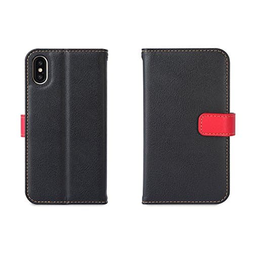 Apple iPhone X Case, Casemania Leather Wallet Case Protector Flip Cover with Kickstand Card Holder Card Slots Black PU Leather for iPhoneX (Black)