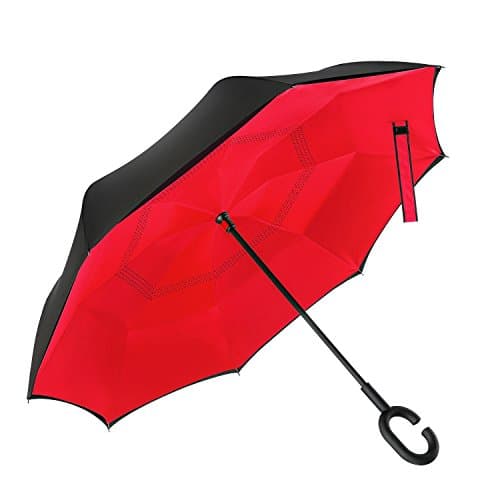 NEW Double Layer Inverted Umbrella: Reverse Design Resists Rusting & Closes Dry - Hands Free for Texting & Self Standing for Easy Storage - Windproof & UV Protection