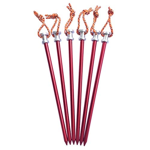 Tripmas 6 Pack Solid Aluminum Tent Stakes with Pull Cords & Pouch, 9" in Length, Red