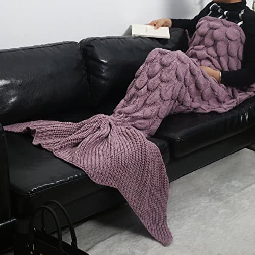 Mermaid Tail Blanket Rug Scales Pattern Sleeping Bag Handmade Wave Crochet Knitting Soft Warm for Adult Teens Kids Living Room Bedroom Sofa All Seasons (71''ⅹ35.5''(adult), dark purple)